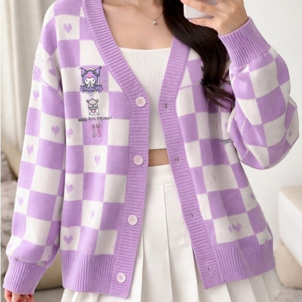 Sanrio Cardigan Purple Kuromi Checkered Heart Knit Sweater Hello Kitty Acedemia